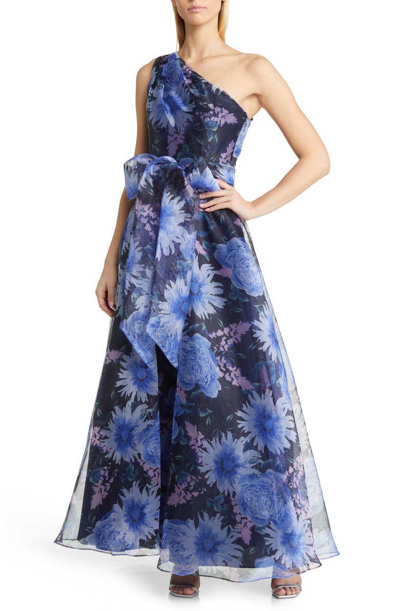 Eliza J One-Shoulder Floral Print Ballgown, Main, color, 