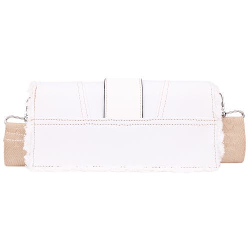 True Religion Frayed Denim Flap Bag With Logo Strap In White