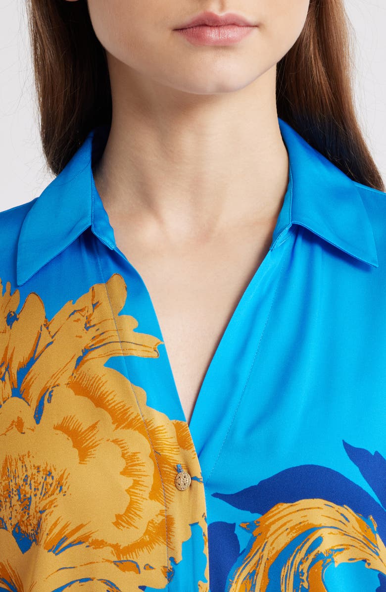 Elie Tahari The Madeline Placed Floral Stretch Silk Button-Up Shirt, Alternate, color, Ribbon Scroll Print
