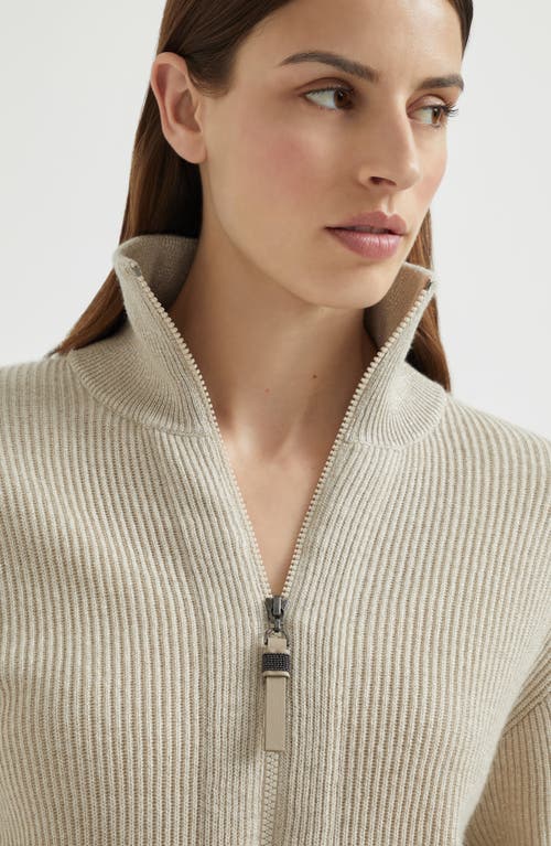 Brunello Cucinelli Beige Sparkling Knit Zip-up Cardigan In Neutral