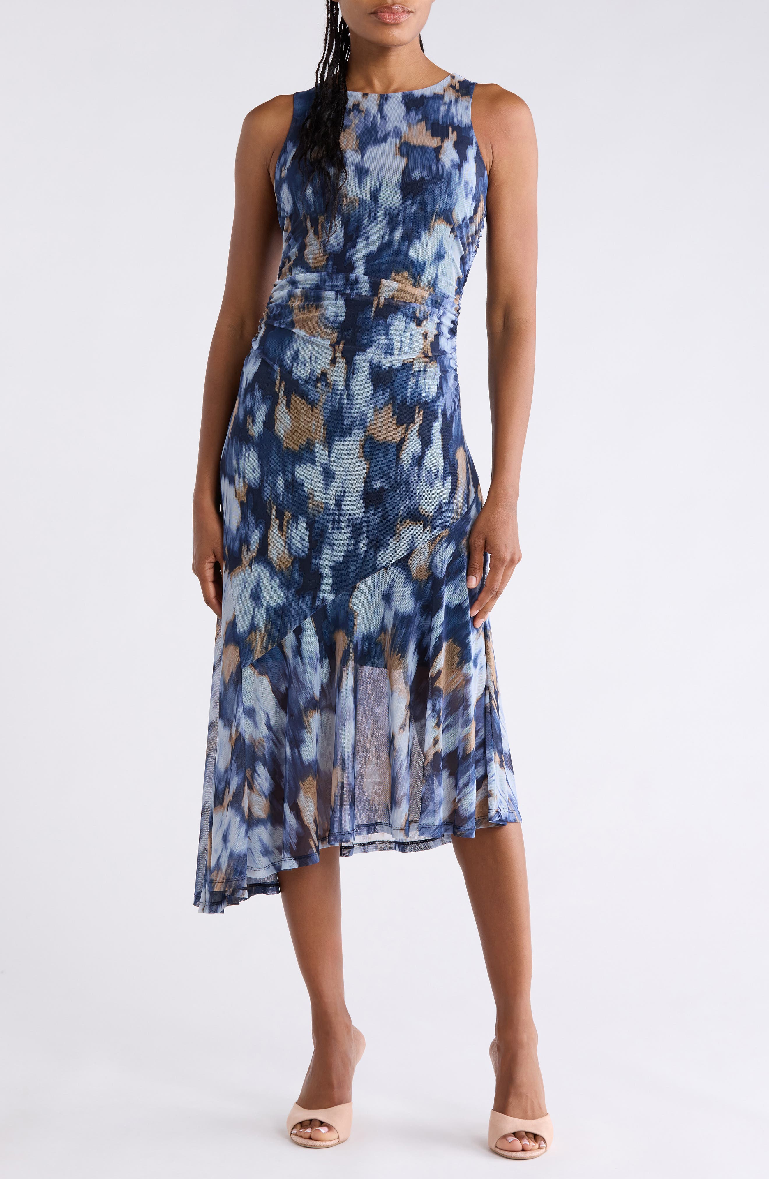 Sleeveless Asymmetric Hem Mesh Midi Dress