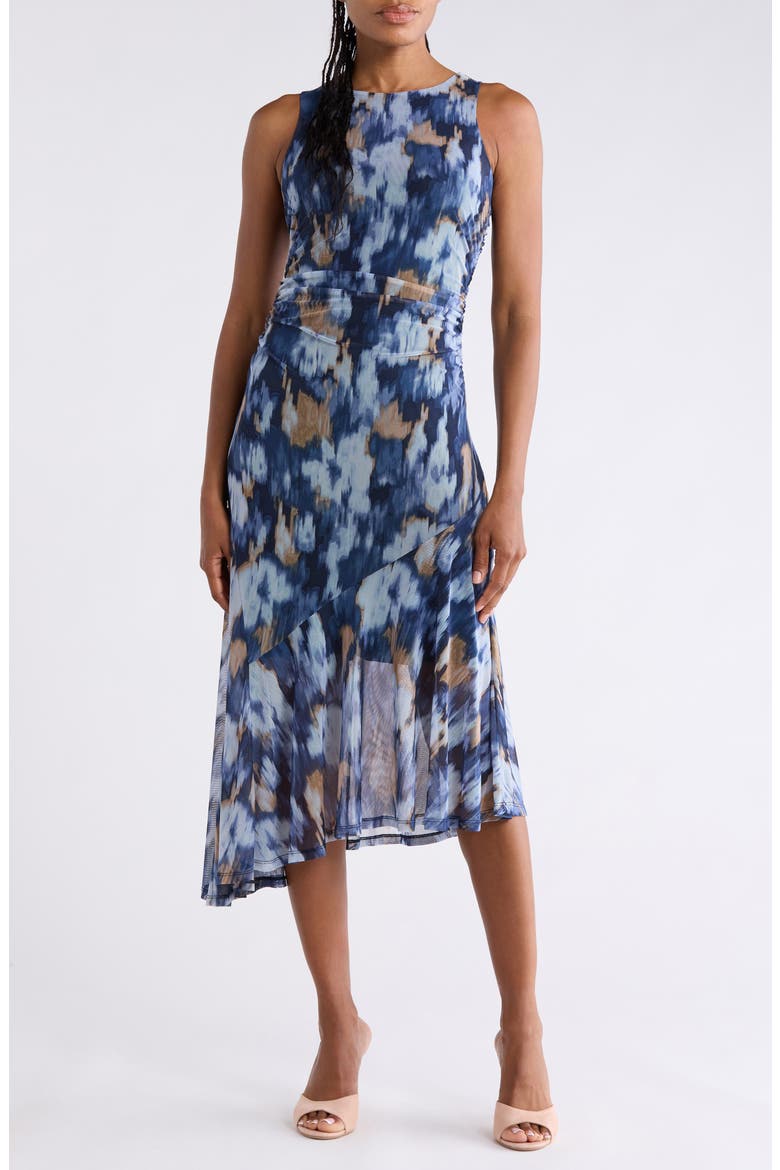 Sleeveless Asymmetric Hem Mesh Midi Dress, Main, color, NAVY/ DENIM/ TAN