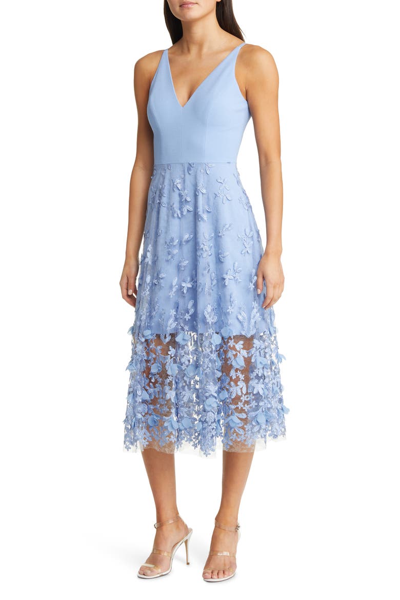 Darleen V-Neck Embroidered Mesh Cocktail Dress, Main, color, SKY