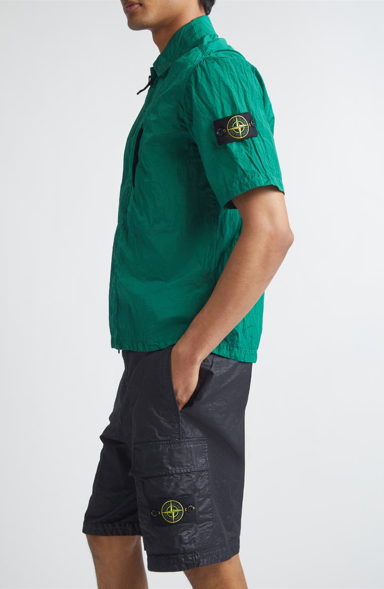 Stone Island Compass Logo Patch Short Sleeve Nylon Zip-Up Camp Shirt, Alternate, color, Malachite