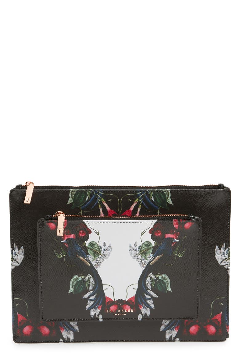 'Bejewelled Shadows - Fawnn' Printed Leather Pouch, Main, color, BLACK