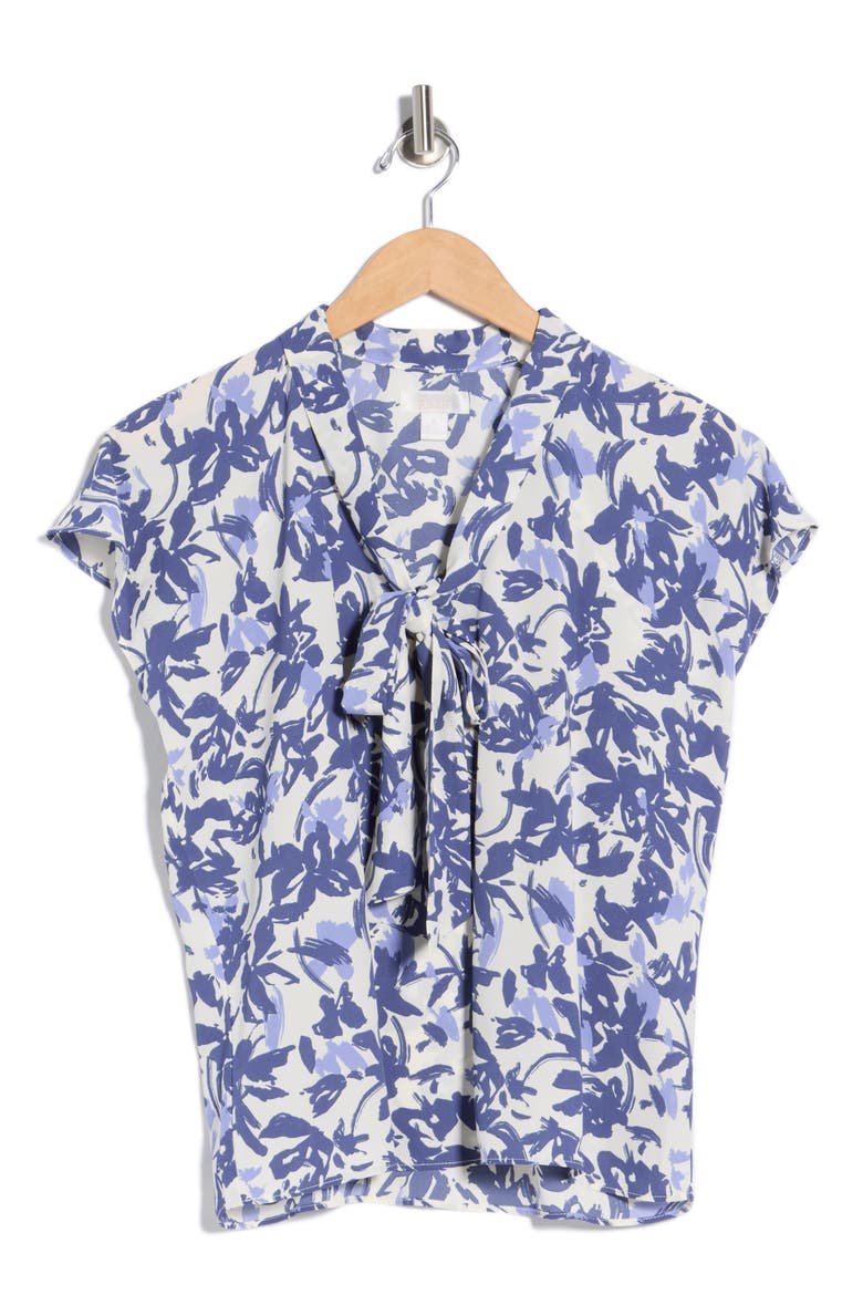 Tie Neck Flutter Sleeve Top, Alternate, color, IVORY- BLUE ARUBA ABSTRACT