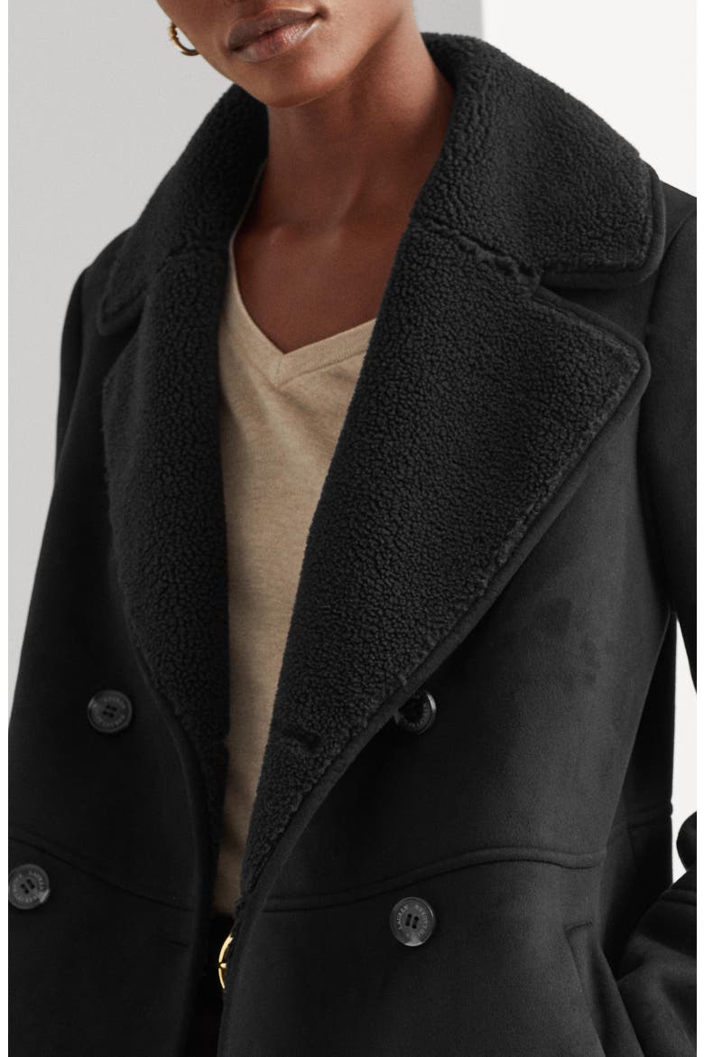 Double Breasted Faux Shearling Coat, Alternate, color, BLACK