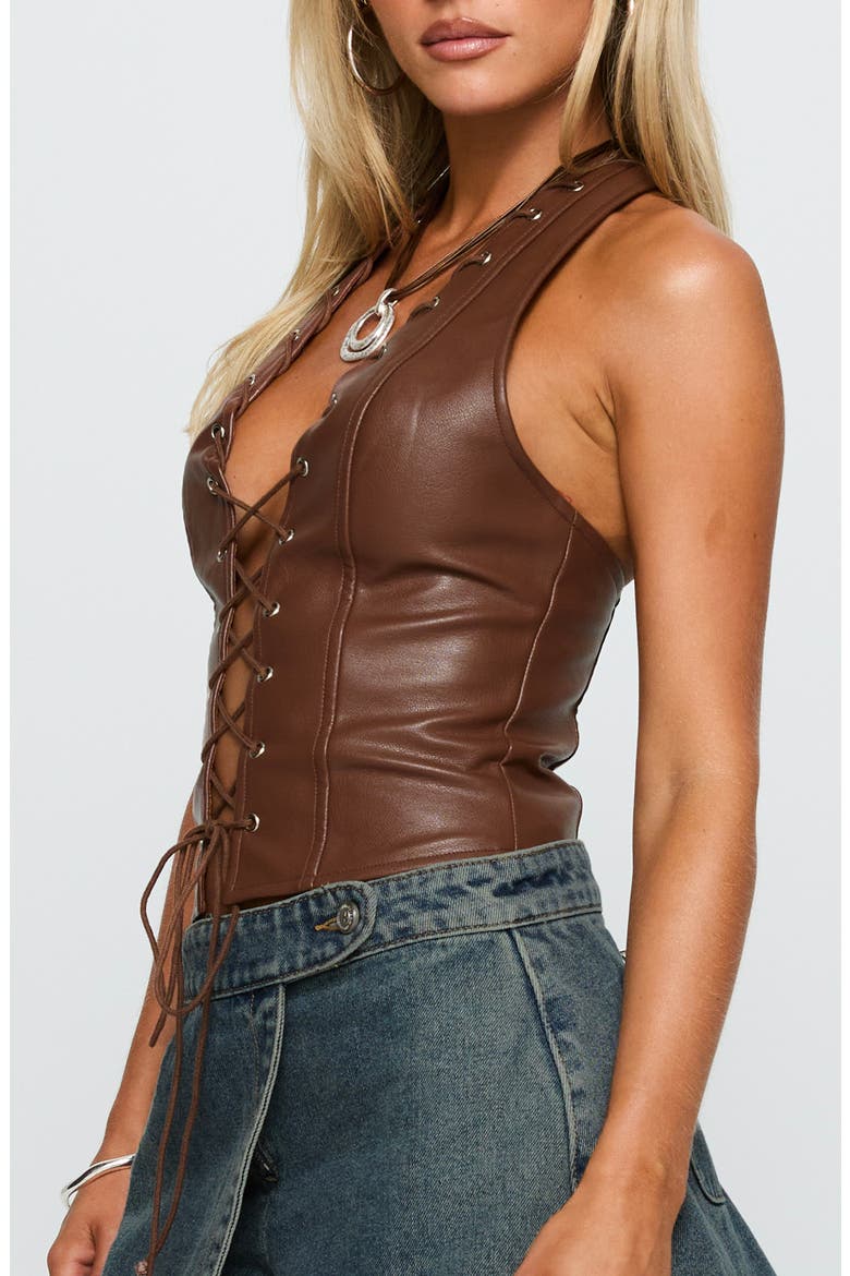Light On Lace-Up Faux Leather Halter Top, Alternate, color, CHOCOLATE