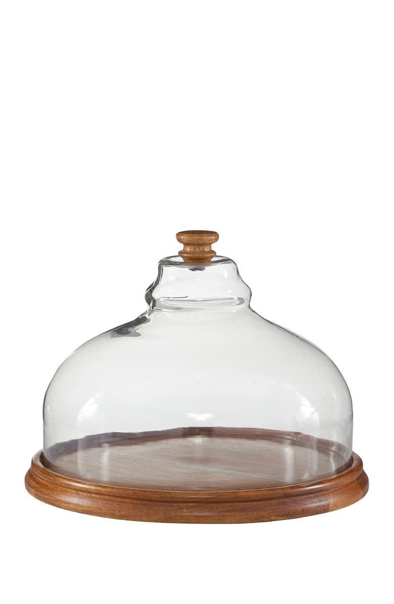 GINGER BIRCH STUDIO Brown Wood Cake Stand with Glass Lid, Main, color, Brown