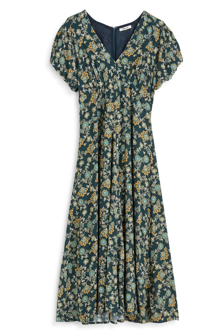 Floral Seamed Puff Sleeve Midi Dress, Alternate, color, MINERAL BLUE