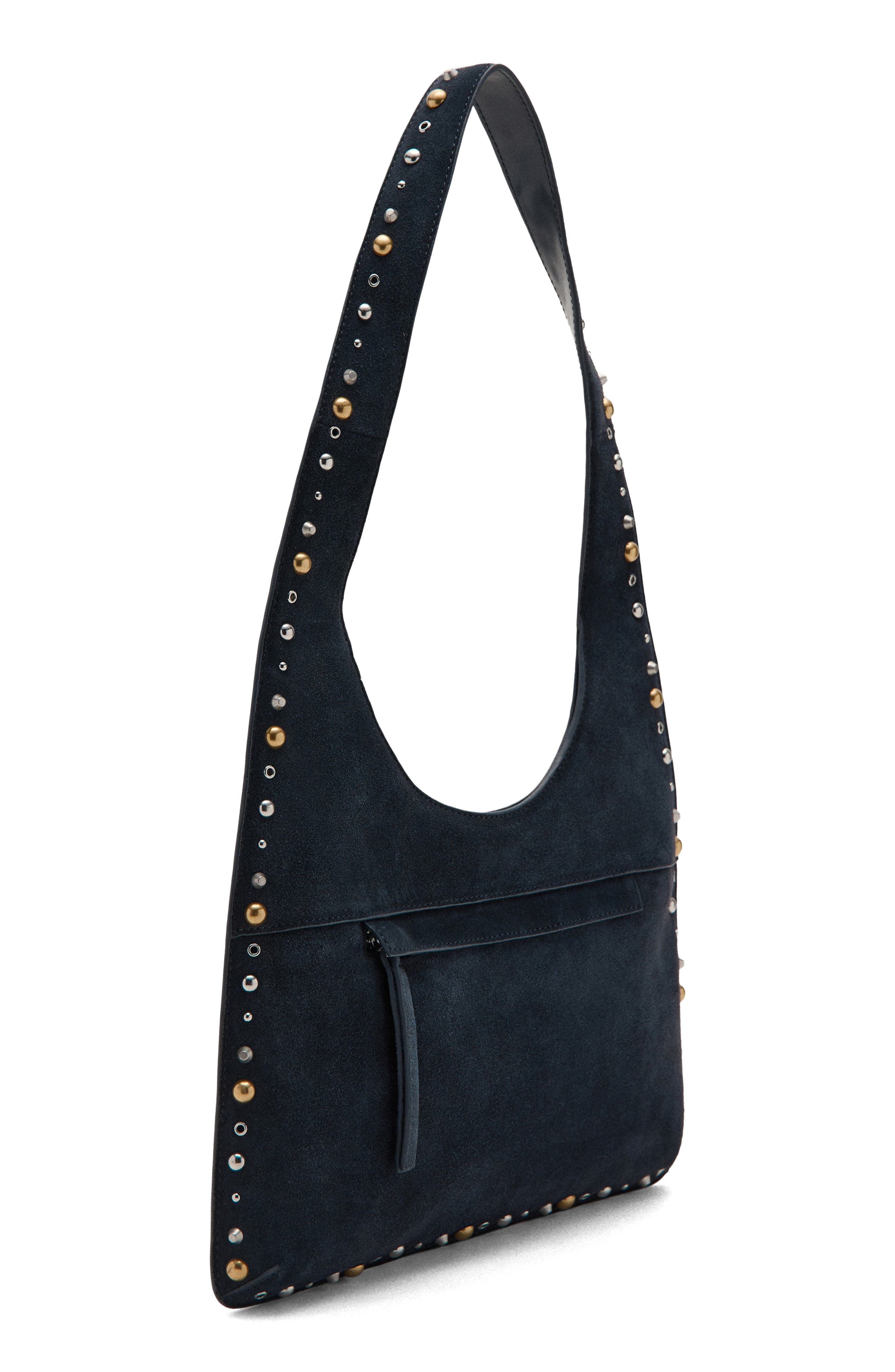 MANGO Studded Suede Shoulder Bag, Alternate, color, Navy