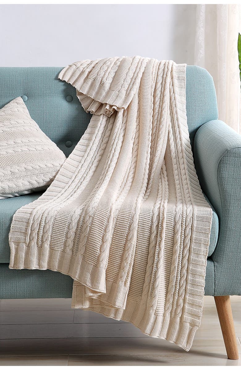 VCNY HOME Dublin Cable Knit Throw Blanket - Ivory, Alternate, color, Ivory