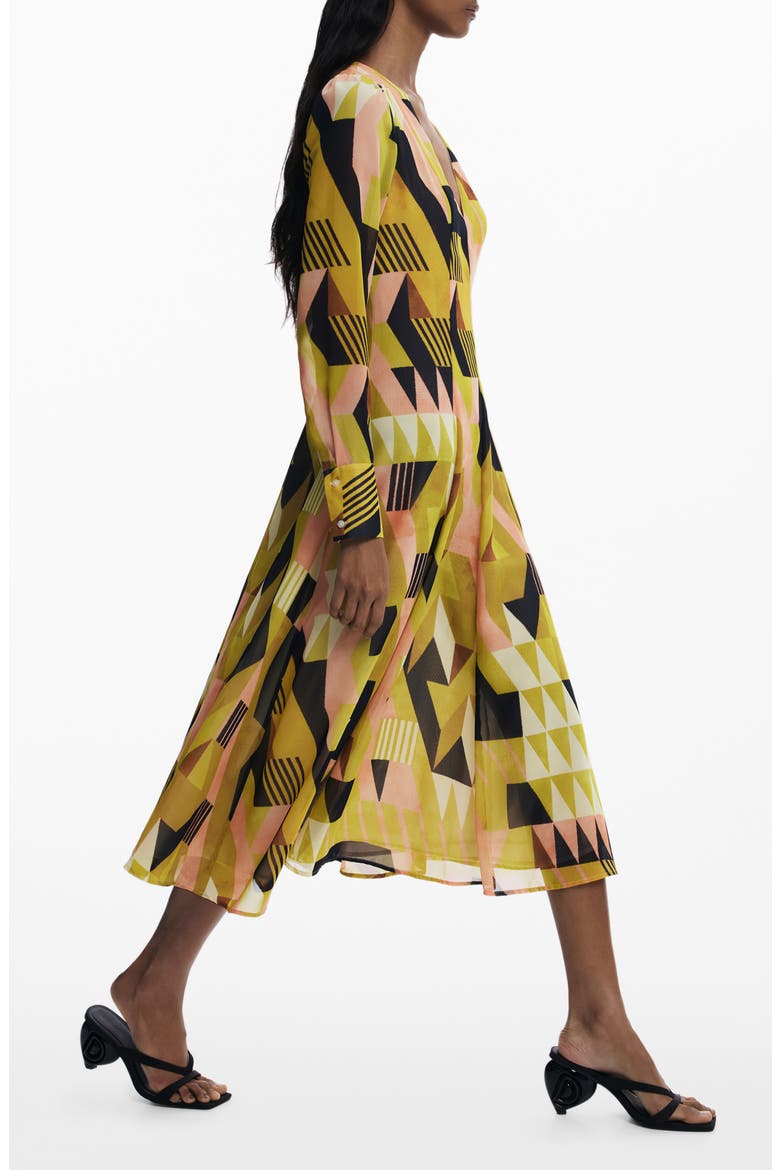 Geometric Long Sleeve Midi Dress, Alternate, color, WARM GREEN