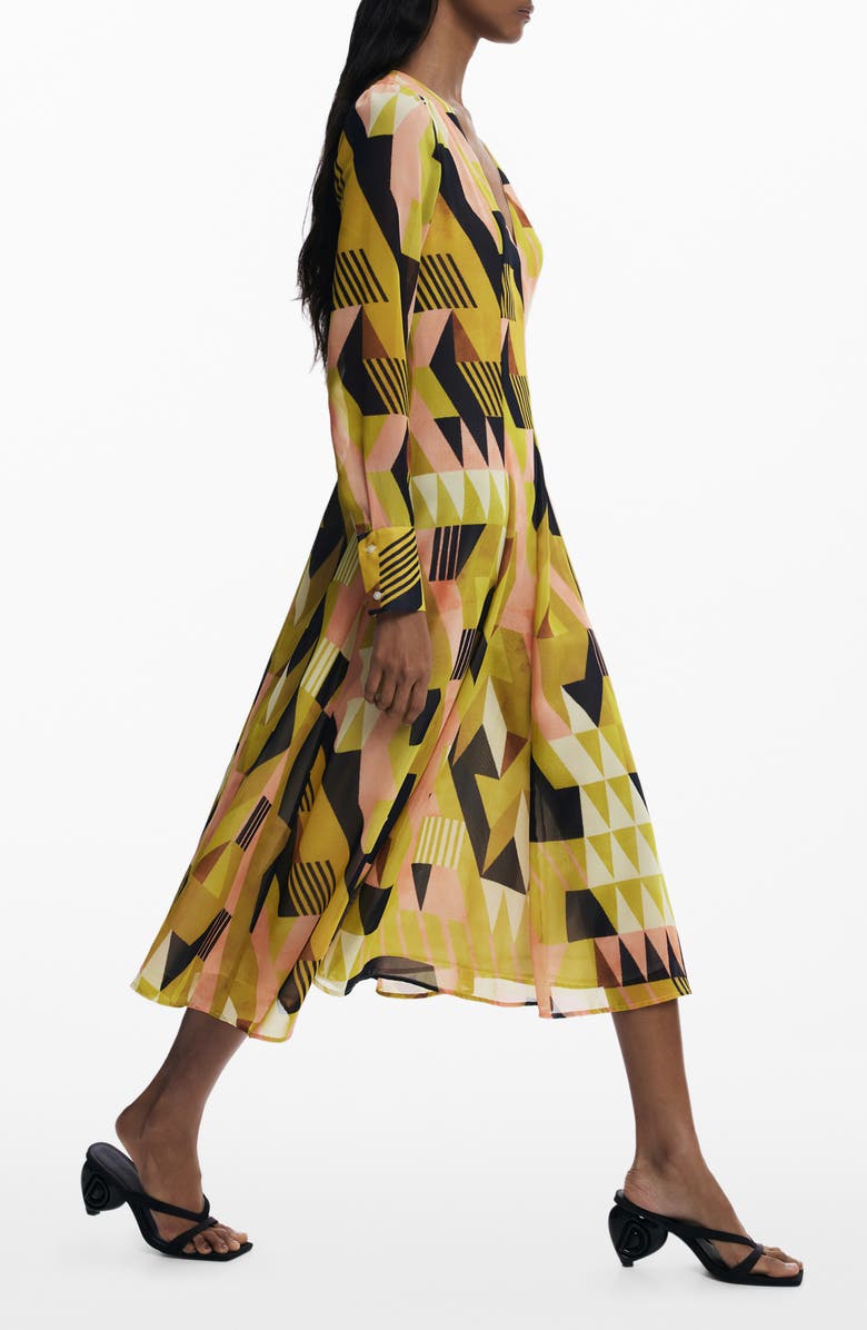 Desigual Geometric Long Sleeve Midi Dress, Alternate, color, Warm Green