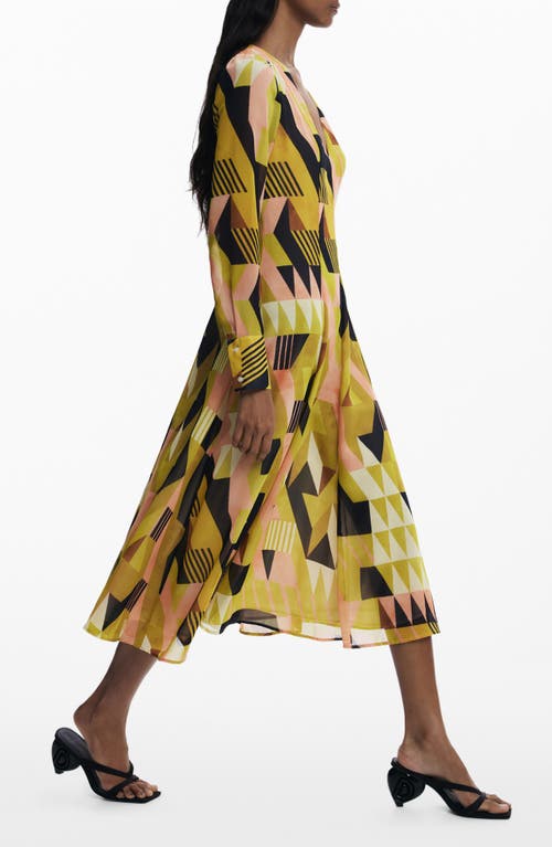 Desigual Geometric Long Sleeve Midi Dress In Yellow