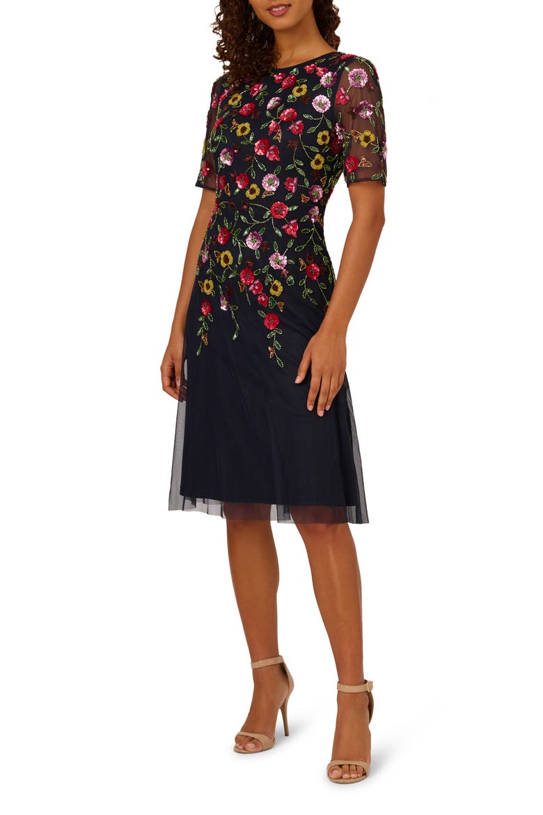 floral beaded mesh dress Floral Beaded Mesh Cocktail Dress (Women)