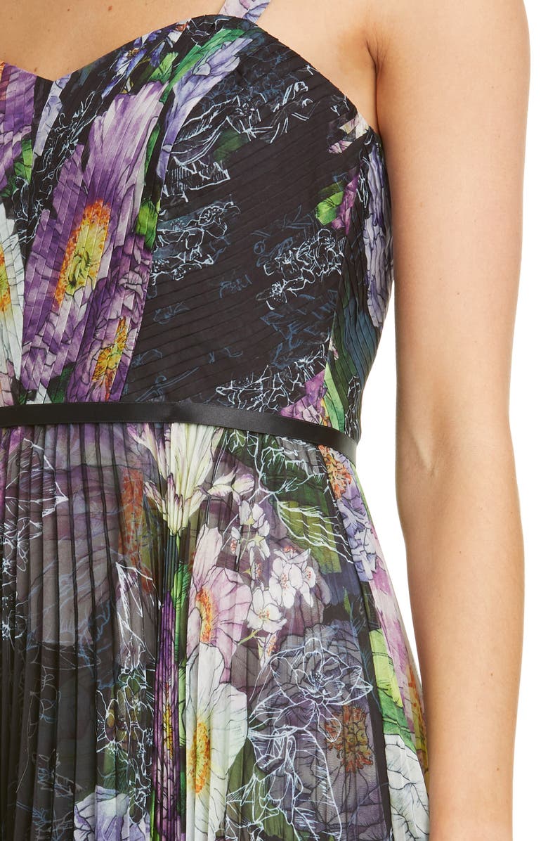 Marchesa Notte Floral Pleated Tulle Gown, Alternate, color, 