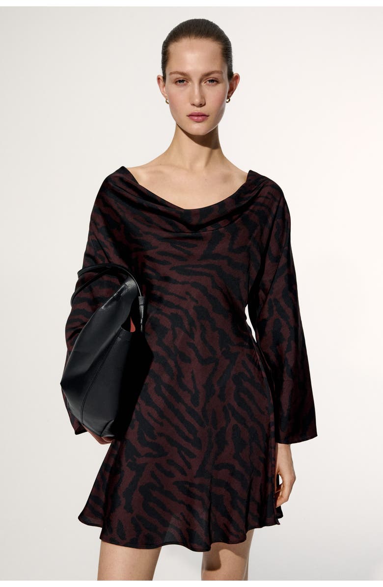 H&M Flared-skirt Cowl-neck Dress, Alternate, color, Dark Brown/Zebra Print
