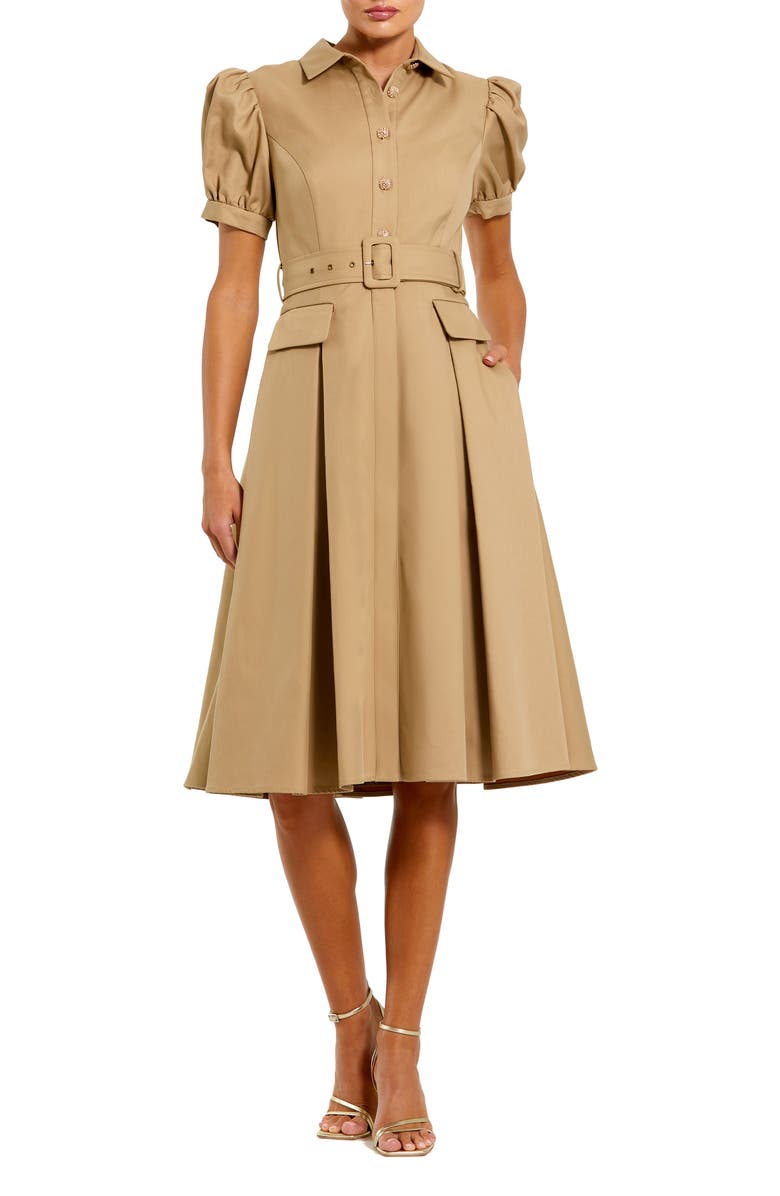Mac Duggal Puff Sleeve Twill Button Up Midi Dress With Belt, Main, color, Taupe