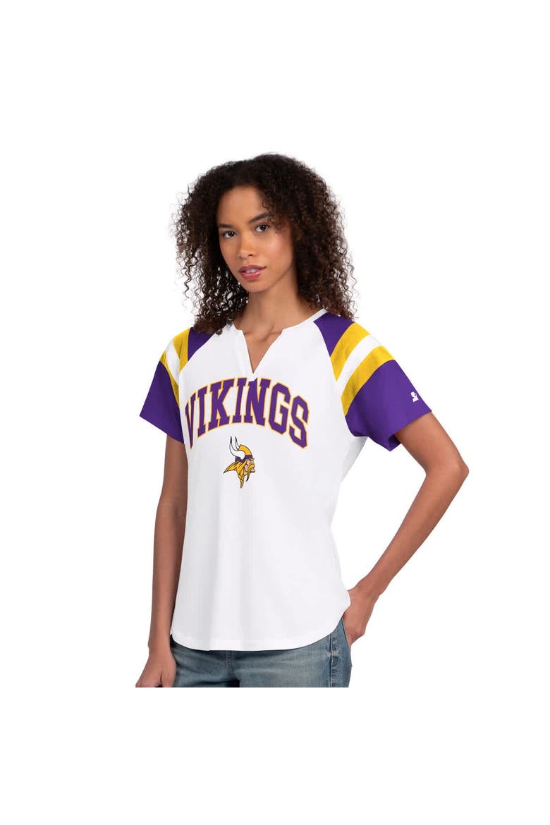 Women's Starter  White Minnesota Vikings Game On Notch Neck T-Shirt, Main, color, White
