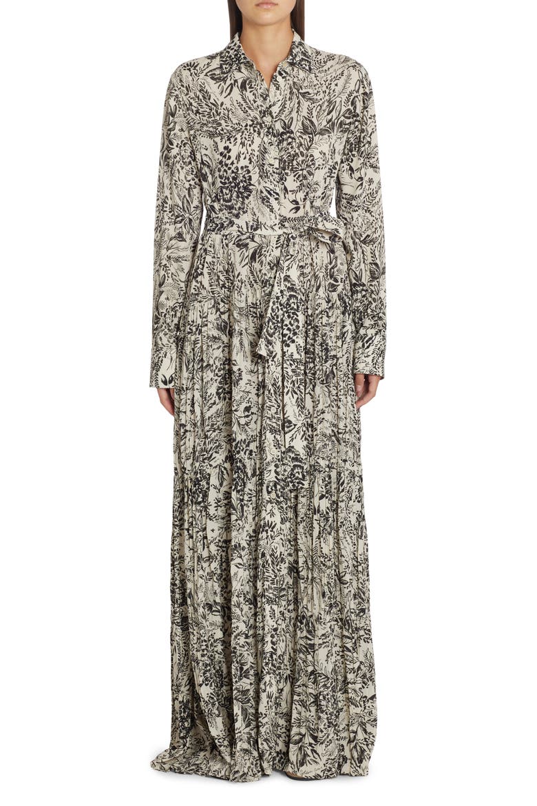 Botanical Print Pleated Crepe Shirtdress, Main, color, BONE WHITE/ BLACK