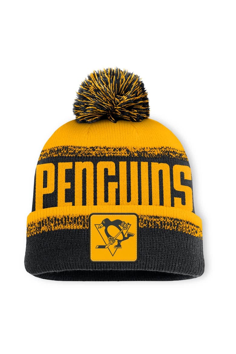 Men's Fanatics Black/Gold Pittsburgh Penguins Fundamentals Thrive Cuffed Knit Hat with Pom, Main, color, Black