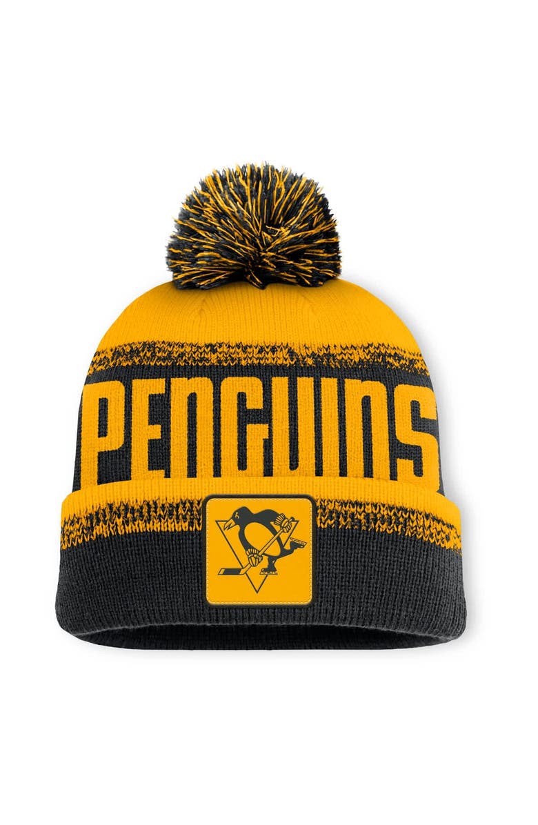 FANATICS Men's Fanatics Black/Gold Pittsburgh Penguins Fundamentals Thrive Cuffed Knit Hat with Pom, Main, color, Black
