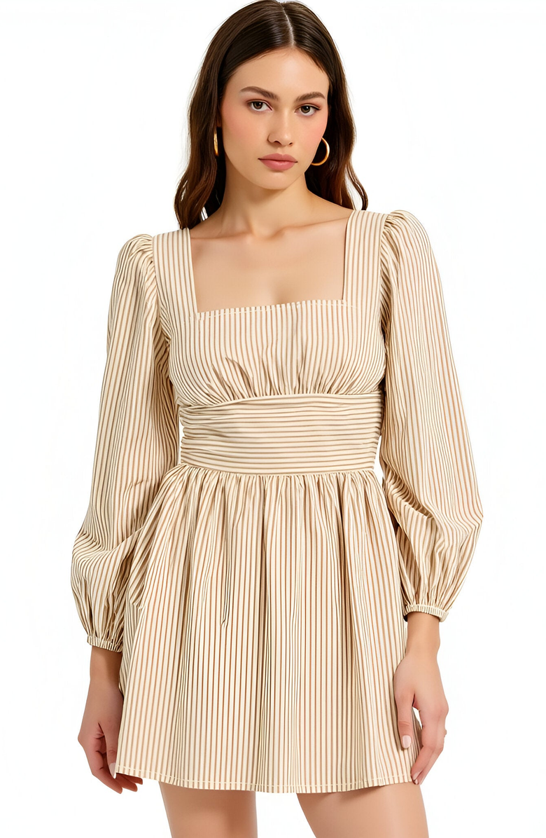 Modenaire Striped Mini Dress with Square Neckline, Puff Sleeves and Back Bow Detail, Alternate, color, 