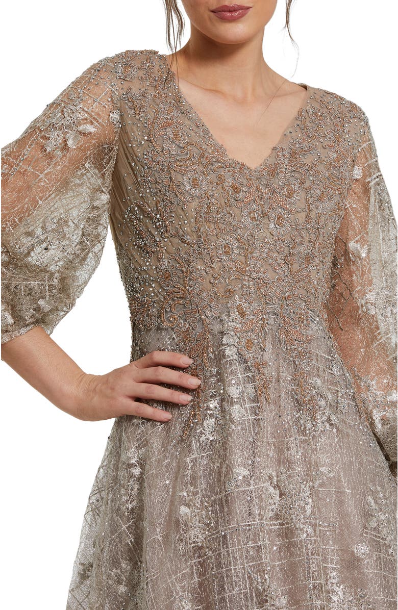 Mac Duggal Embellished Plunge Neck Puff Sleeve A Line Gown, Alternate, color, Mocha