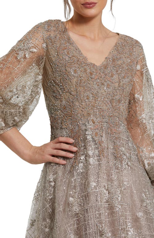 Mac Duggal Embellished Plunge Neck Puff Sleeve A-line Gown In Mocha