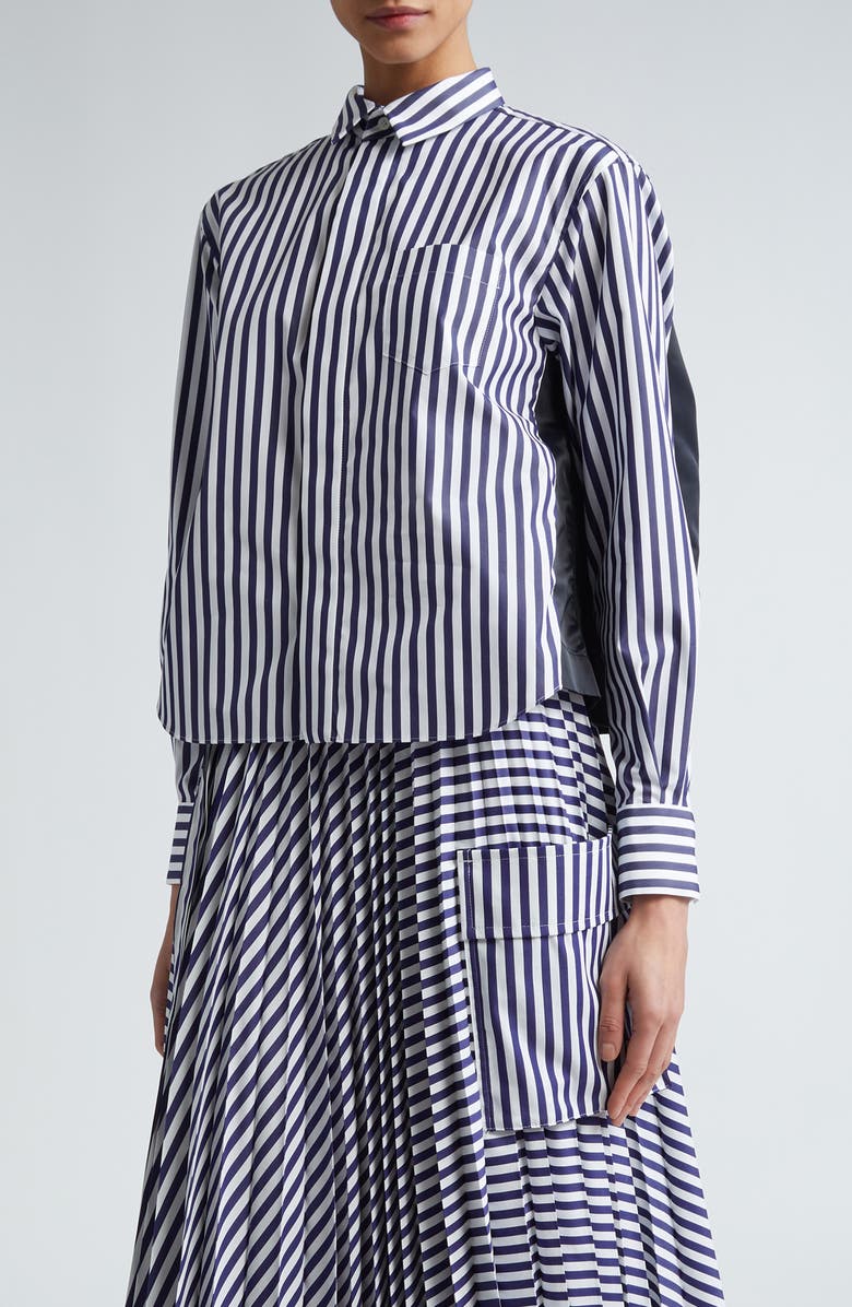 Sacai Stripe Poplin & Nylon Twill Button-Up Shirt, Main, color, 