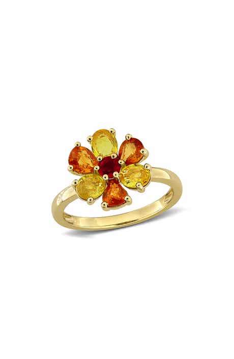 Yellow and Orange Sapphire Flower Ring