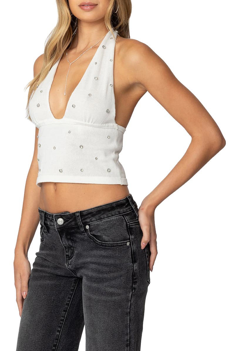EDIKTED Embellished Crop Halter Top, Alternate, color, Cream