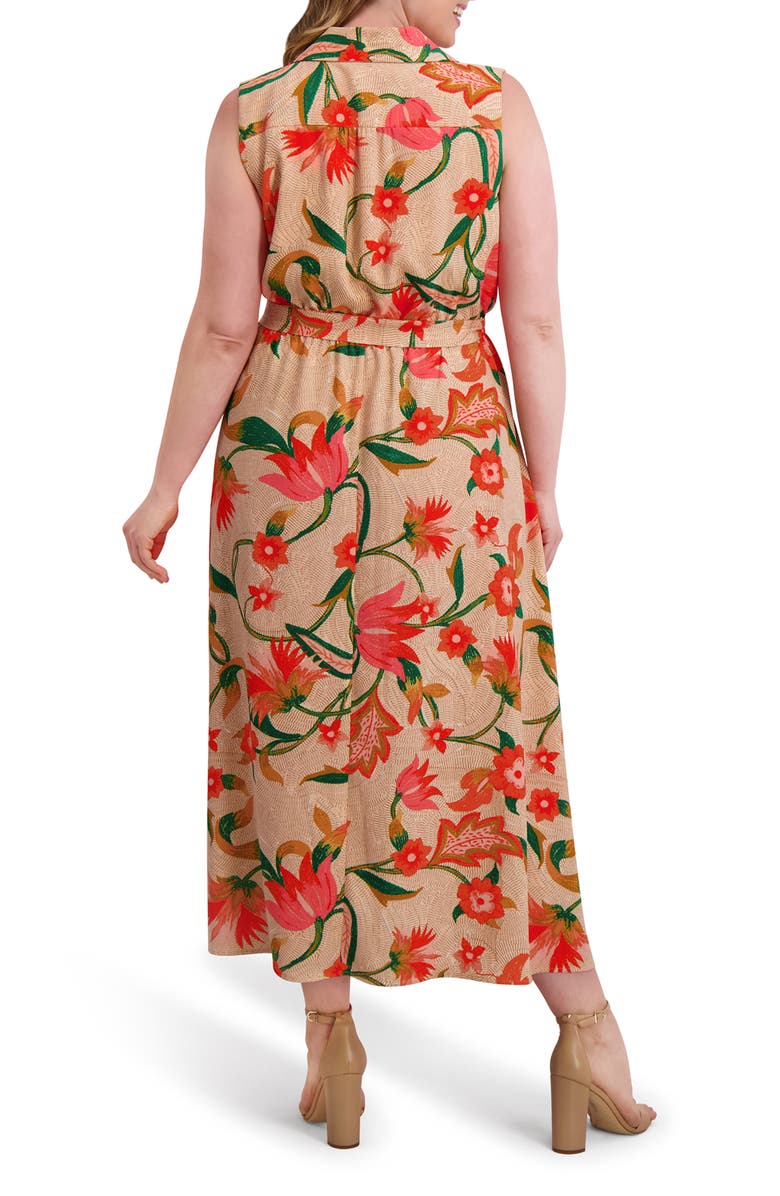 Kensie Tie Waist Textured Midi Dress, Alternate, color, Beige Multi