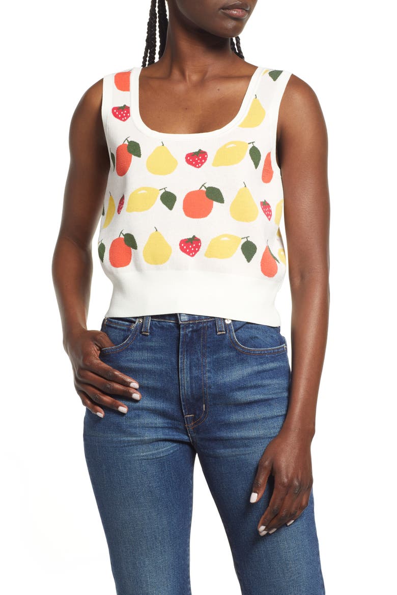 Jacquard Knit Fruit Crop Top, Main, color, OFFWHITE W. FRUIT JACQUARD
