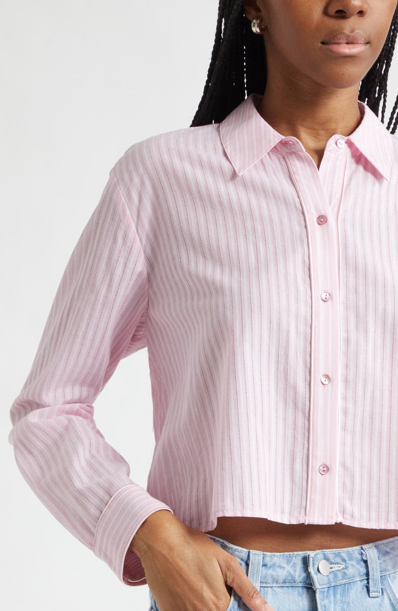 L'AGENCE Cosette Stripe High-Low Cotton Crop Button -Up Shirt, Alternate, color, Cameo Pink/ Ivory Stripe