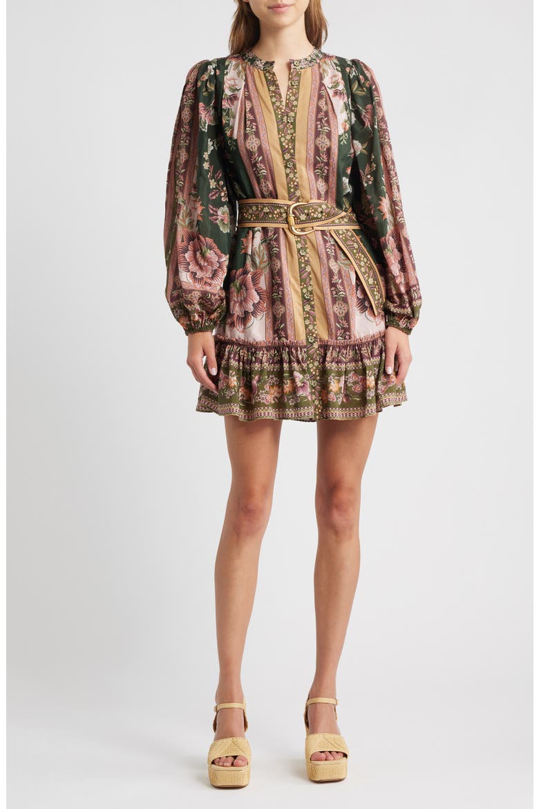 Flowering Garden Tree Long Sleeve Cotton Blend Minidress, Main, color, GREEN