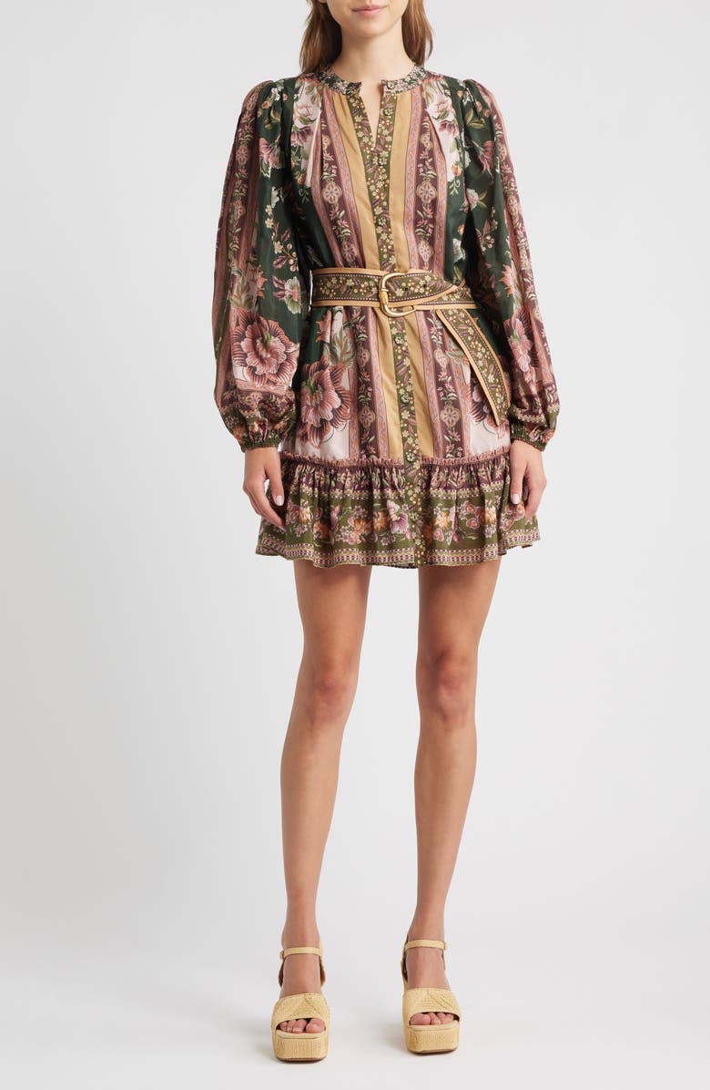 FARM Rio Flowering Garden Tree Long Sleeve Cotton Blend Minidress, Main, color, Green