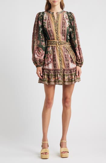 Flowering Garden Tree Long Sleeve Cotton Blend Minidress