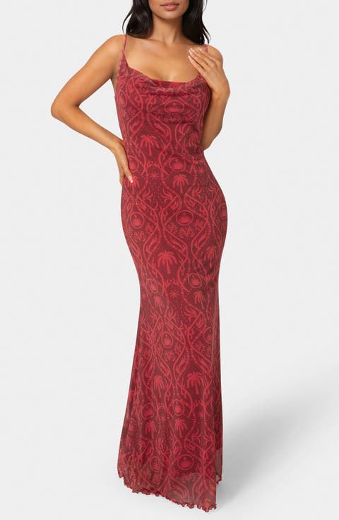 Printed Mesh Cowl Midi Dress