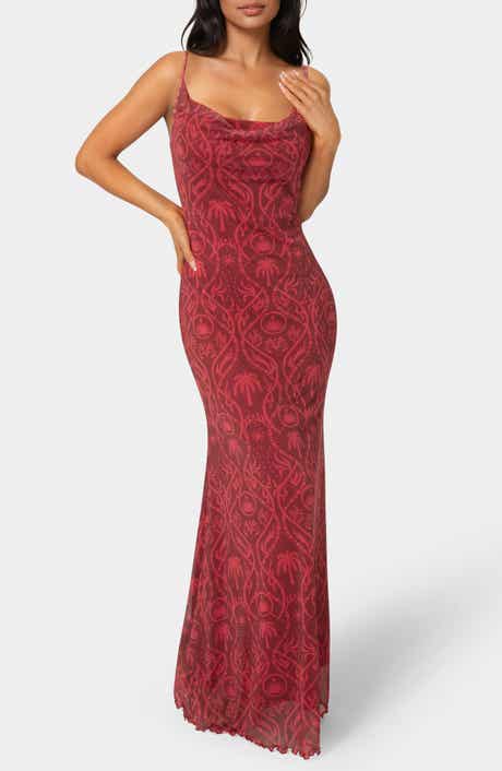 bebe Printed Mesh Cowl Midi Dress