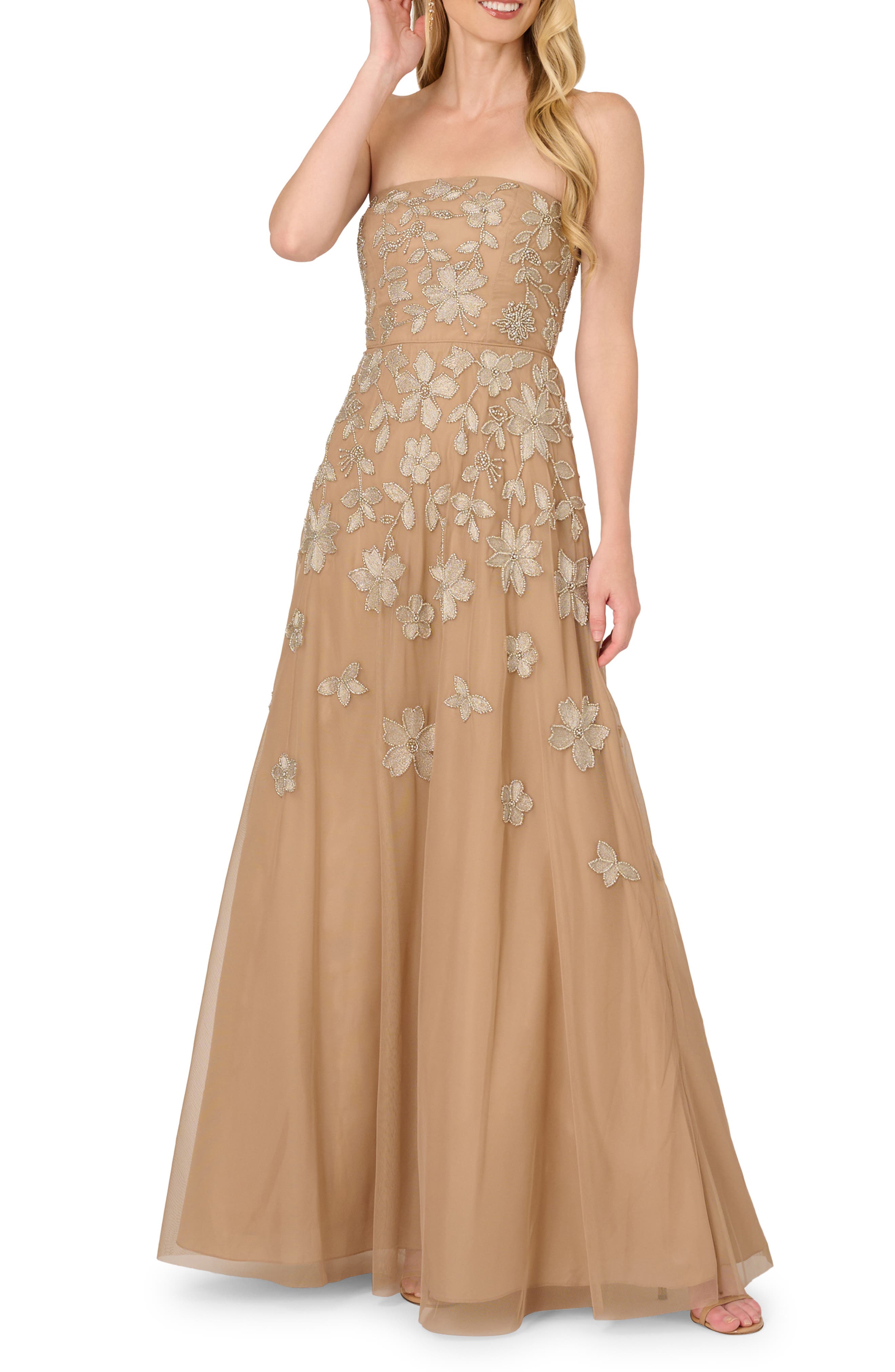 Adrianna Papell Beaded Strapless Mesh Fit & Flare Ballgown (Women