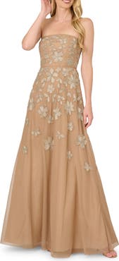 Adrianna Papell Beaded Strapless Mesh Fit & Flare Ballgown