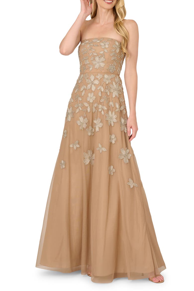 beaded adrianna papell dresses Hand Beaded Short Sleeve Floral Godet Gown In French Blue