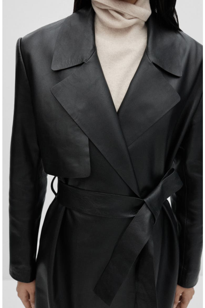 Tie Waist Leather Trench Coat, Alternate, color, BLACK