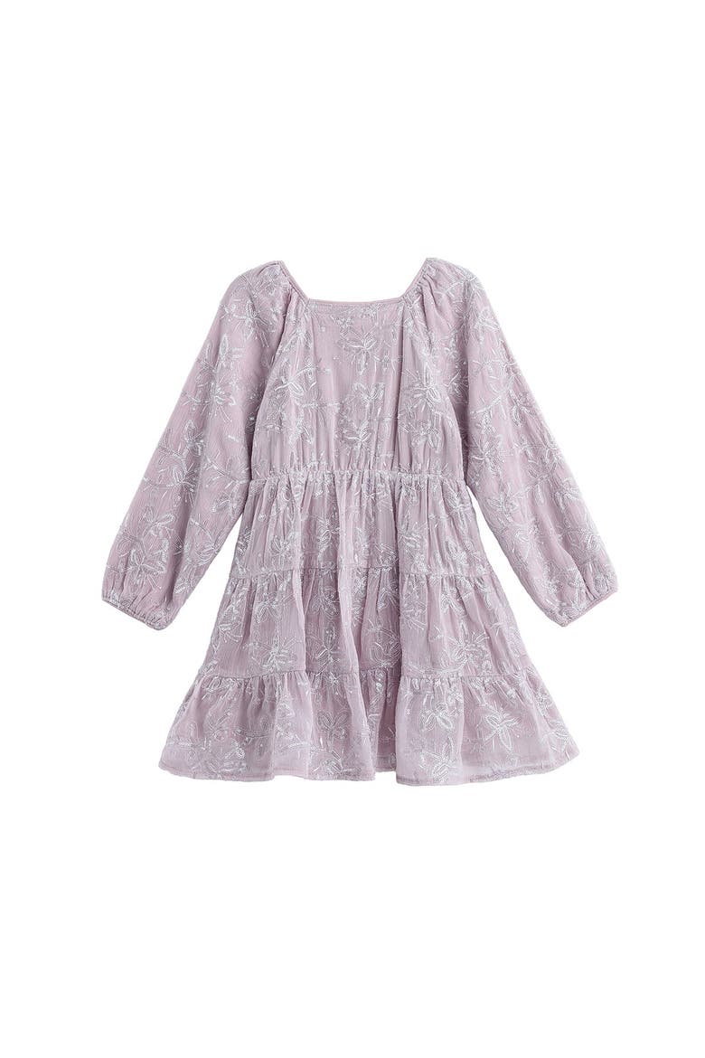 Sugarplum Sparkle Long Sleeve Floral Sequin Square Neck Tiered Dress, Alternate, color, Purple