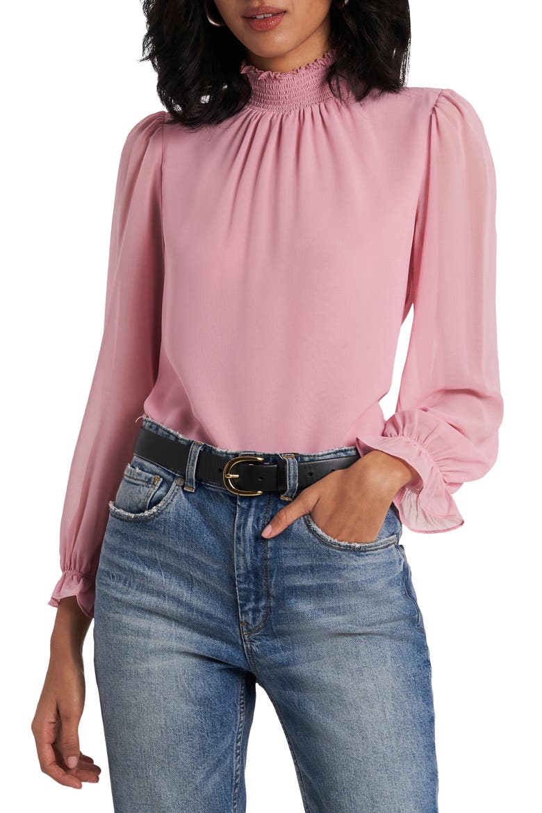 Smocked Neck Long Sleeve Blouse, Main, color, ROSE PINK