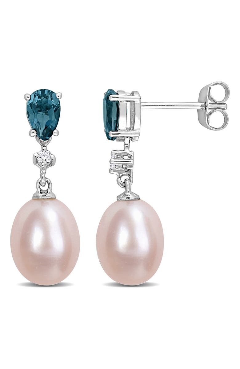 DELMAR Diamond, Blue Topaz & 8-8.5mm Cultured Pearl Drop Earrings, Main, color,