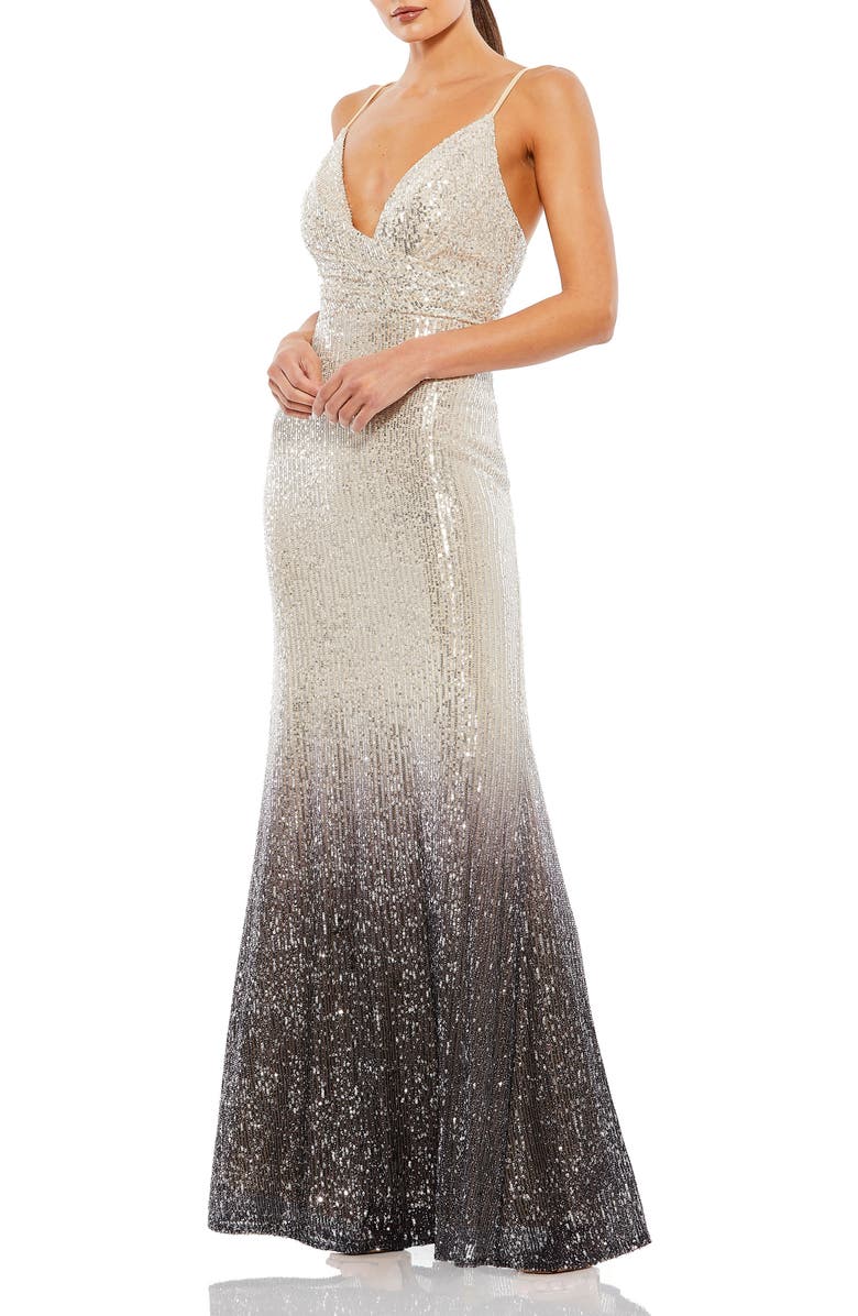 Mac Duggal Sleeveless Plunge Neck Ombre Sequin Gown, Main, color, Charcoal