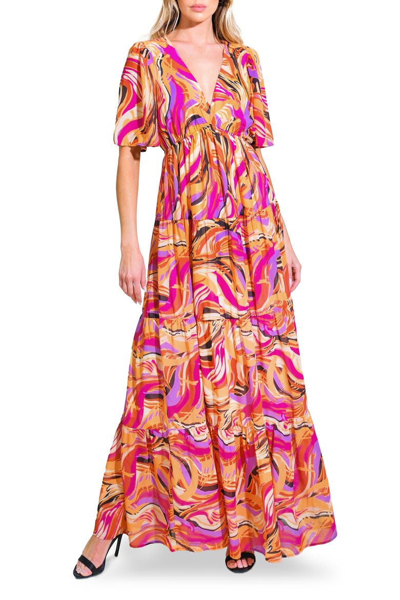 Print Maxi Dress, Main, color, MUSTARD MAGENTA